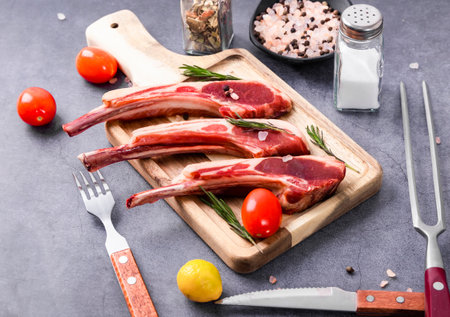 Raw lamb chops with rosemary and spices on wooden cutting board.の写真素材