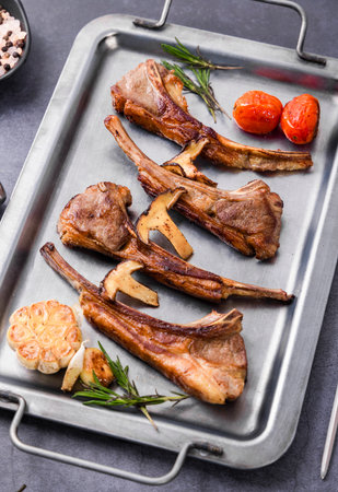 Grilled lamb chops with rosemary and tomatoes on a metal trayの写真素材
