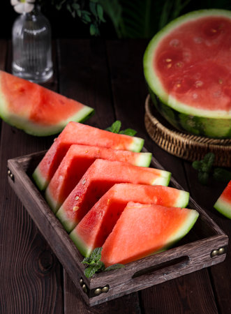 Slices of watermelon on a wooden background. Selective focus.の写真素材