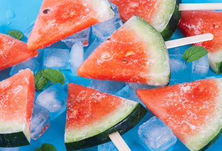 Slices of watermelon on a stick with ice cubes.の写真素材