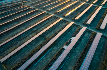 Aerial view of solar power plant with rows of solar panels.の写真素材