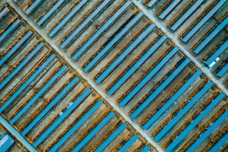 Aerial view of the blue corrugated iron sheet roof.の写真素材