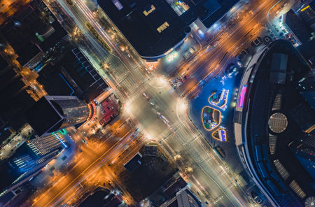 Aerial view of the city at night in Shenzhen, China.の写真素材