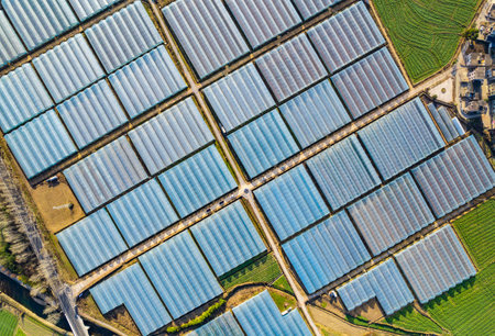 Aerial view of solar power plant with blue solar panels in countrysideの写真素材