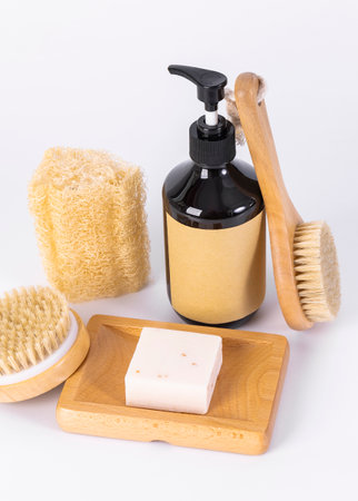 Set of cleaning products on a white background. Soap, soap, brush.の写真素材