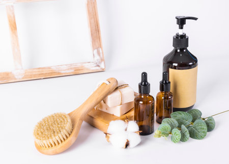 Spa and body care products on white background with copy space.の写真素材