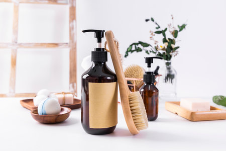 Bath accessories on a white background. Soap, shampoo, soap, brush.の写真素材