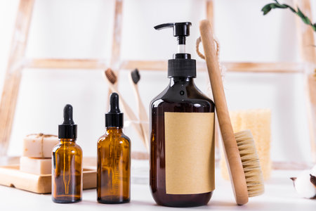 Cosmetics and accessories for body care on a white background. Natural cosmetics.の写真素材