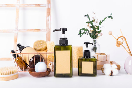 Bath accessories on a white background. Soap, shampoo, bath salt, sponge, pumice stone, towel.の写真素材