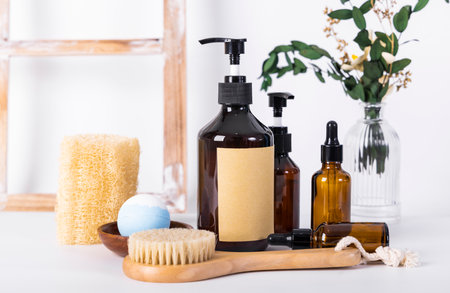 Spa and body care products, massage brush, soap, shower gel.の写真素材