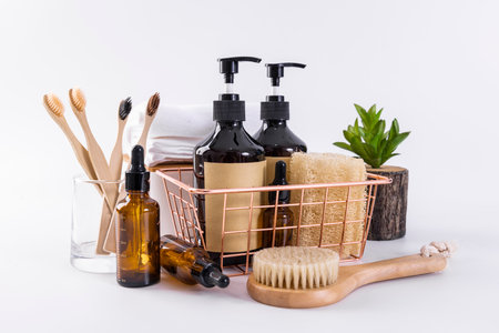 Eco-friendly products for personal hygiene on a white background.の写真素材