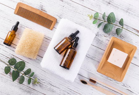 Set of spa products on wooden background. Beauty concept. Top viewの写真素材