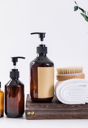Spa and wellness setting on white background. Shower gel, soap, towel, massage brush.の写真素材
