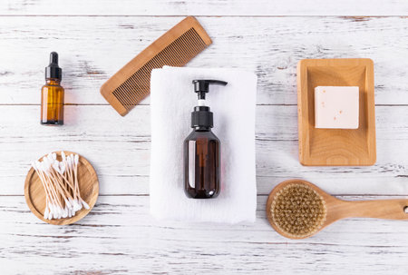 Cosmetics for body care and hygiene on a white wooden background.の写真素材