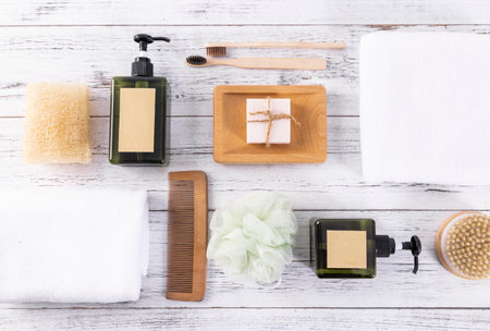 Set of spa products on white wooden background. Zero waste concept.の写真素材