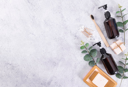 Eco-friendly natural cosmetic products. Flat lay, top viewの写真素材