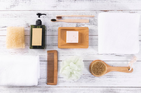Spa composition on white wooden background. Flat lay. Top viewの写真素材
