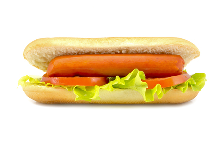 hot dog with fresh leaf lettuce two slices of tomato isolated on a white backgroundの写真素材