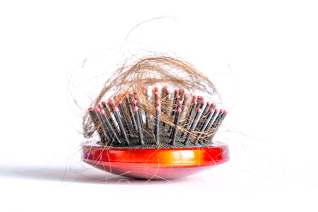 Comb hair with tufts, bundle of hair, lots of hair on the hairbrush closeup on a white backgroundの写真素材