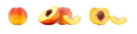 composition of peaches, whole or sliced peaches isolated on white backgroundの写真素材