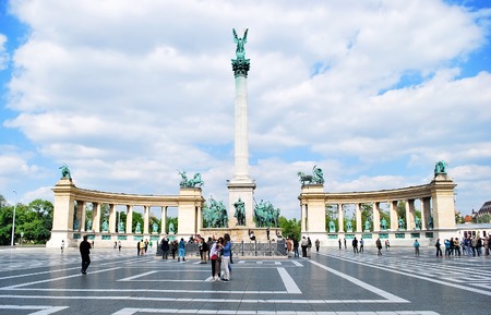 Budapest, Hungary. May 10, 2014: Heroes Square in Budapest in Hungary against the blue sky with...