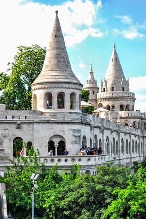 Budapest, Hungary. May 10, 2014: Fishermen's Bastion in Budapest, Hungary on a sunny day. It is a square, surrounded by a gallery length of 140 m and a width of 8 m with conical tent towerのeditorial素材
