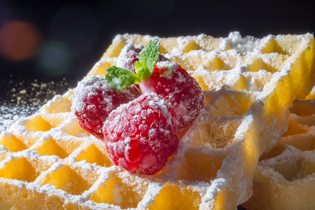 Sweet toast waffles with raspberries and a sprig of mint leaves on top and sugar powder in the sunlight close-up macro on a black backgroundの写真素材