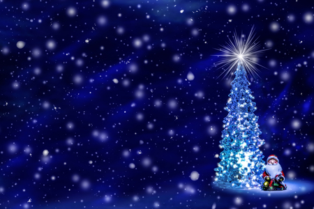 Christmas tree with glowing lights on a garland and a shining star on the crown on a blue Northern Lights background with falling snow. Christmas and New Year`s background with free space for text.の写真素材