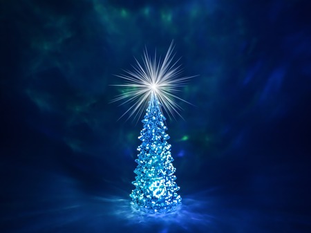 Christmas tree with glowing lights on a garland and a shining star on the crown on a dark blue Northern Lights background. Christmas and New Year`s background with free space for text.の写真素材