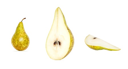 Pear fruit collection in different variations isolated on white background. Whole and sliced pear.の写真素材