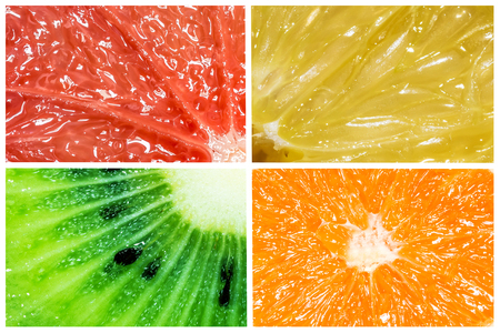 Collage of citrus fruits orange, lemon, grapefruit and kiwi macro closeup isolated on white...
