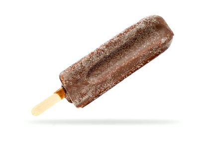 Ice cream lolly in chocolate glaze close-up with condensate and icing frost, with shadow isolated on white background.の写真素材