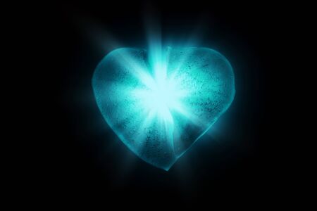 Ice frozen broken in half heart symbol of blue color close-up glowing in the dark in blue cold...