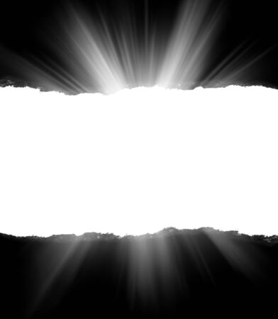 A hole in black paper with torn edges and piercing sunlight and rays through it. Sunlight breaking through the darkness from a holeの写真素材
