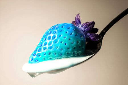 Creative macro photo of strawberry on a spoon with yogurt cream close-up in 2020 color trend in blue tones on a grey backgroundの写真素材