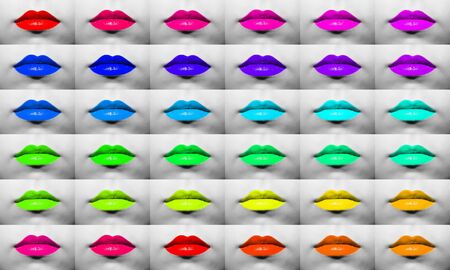 A collection of female lips with lipstick of different colors and shades macro close-up on the background of the face in black and white color.の写真素材