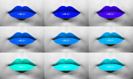 Macro collection of female lips with lipstick in different shades from dark blue to bright blue color on the background of a black and white face.の写真素材