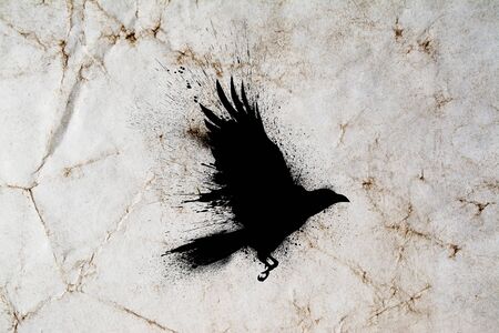 Silhouette of a flying raven with spread wings with paint splashes, splatters and blots on an old grunge vintage paper texture background.の写真素材