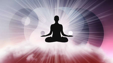 A silhouette of a man in a lotus position with arms spread apart, flying in the sky in a bright white sunlight on the background of the Yin-Yang symbol. Samadhi meditation concept, open mind.の写真素材
