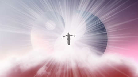 A silhouette of a man with arms spread apart, flying in the sky in a bright white sunlight on the background of the Yin-Yang symbol. Samadhi meditation concept, open mind.の写真素材