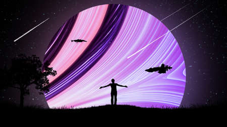 A man at night outdoors with his hands apart, raised to the air against the background of the starry...