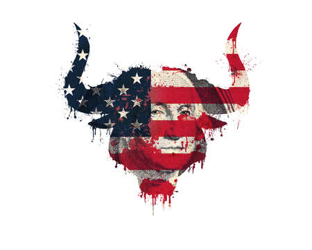 Isolated silhouette of a bull head in the colors of the american flag with paint splatter, blood flowing down and a portrait of the president on a banknote.の写真素材