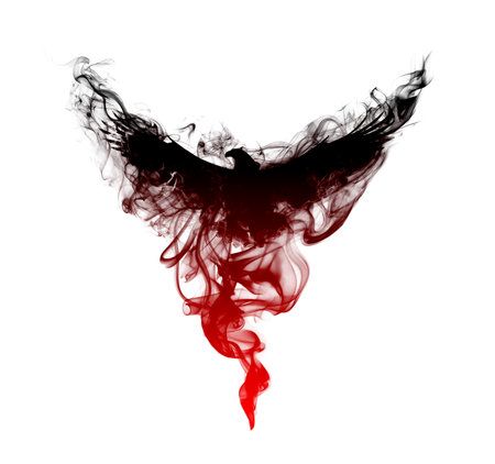 Silhouette of a flying bird with spread wings in beautiful puffs of smoke isolated on a white background. Silhouette of a flying bird in clouds of smoke with a beautiful gradient.の写真素材