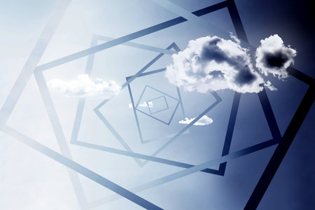 Blue clear sky with cumulus clouds and fairy portal. The concept of freedom of choice, open mind,...