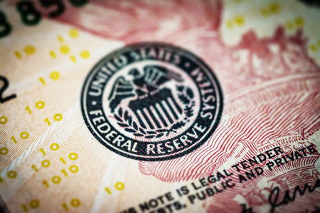 Symbol of the US Federal Reserve System on the US 10 dollar bill. Fed emblem close-up on american currency.の写真素材