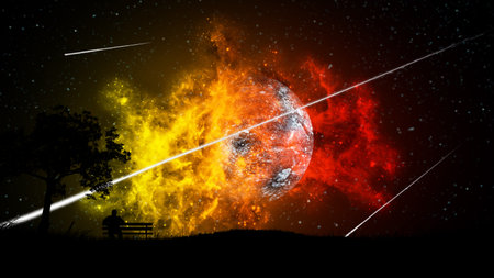 A man sitting on a bench at night under a tree watches the explosion and destruction of the planet...