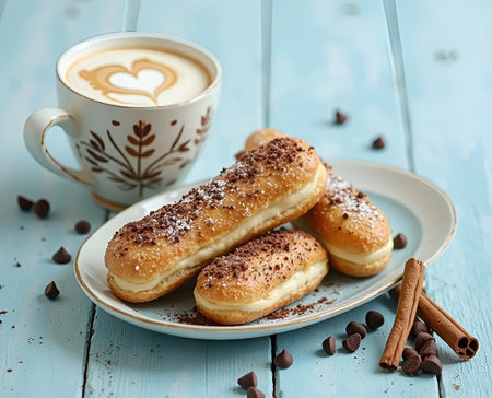 Eclairs in a plate next to a cup of cappuccino with a pattern, cinnamon sticks and scattered...