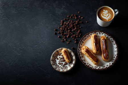 Eclairs in a plate next to a cup of cappuccino and scattered chocolate chips on a dark vintage...