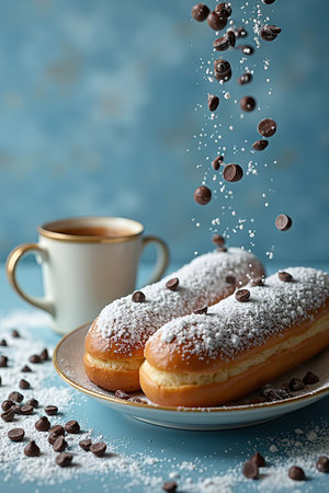 Powdered sugar and chocolate chips fall on eclairs in a plate, cappuccino next to it on a blue...