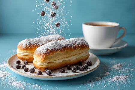 Powdered sugar and chocolate chips fall on eclairs in a plate, cappuccino next to it on a blue vintage background.の写真素材